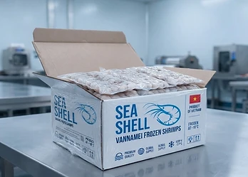 GFS Sea Shell open export carton with vacuum packed frozen seafood from Vietnam