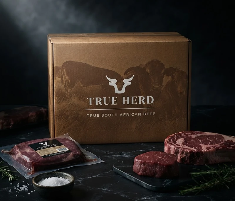 GFS TRUE HERD SOUTH AFRICAN BEEF frozen beef export carton from South Africa in dark cinematic lighting