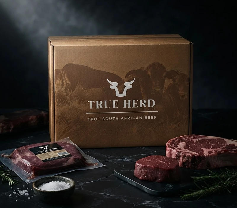 GFS TRUE HERD SOUTH AFRICAN BEEF frozen beef export carton from South Africa in dark cinematic lighting
