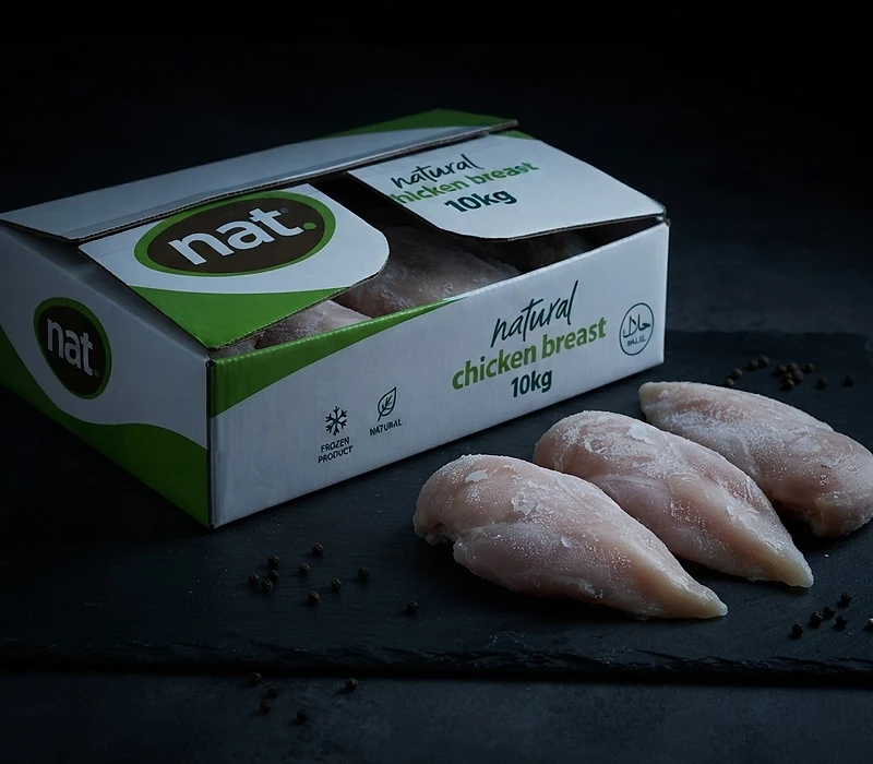 GFS NAT NATURAL CHICKEN BREAST frozen poultry export carton from Brazil in dark cinematic lighting
