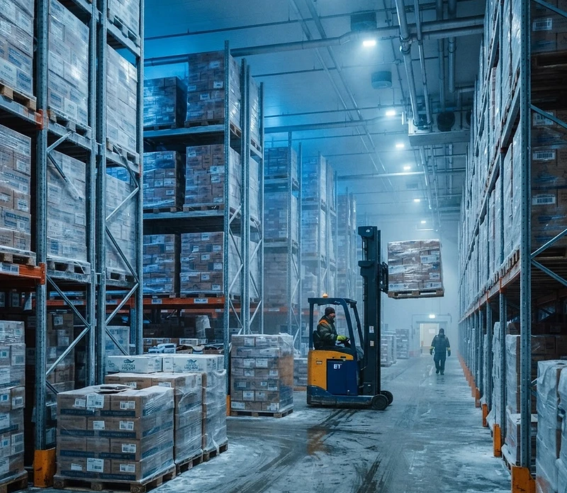 GFS frozen food cold storage warehouse with export cartons in industrial refrigerated racking