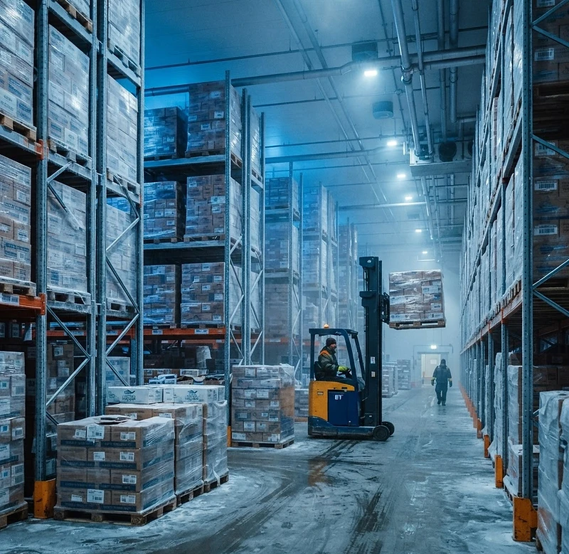GFS frozen food cold storage warehouse with export cartons in industrial refrigerated racking