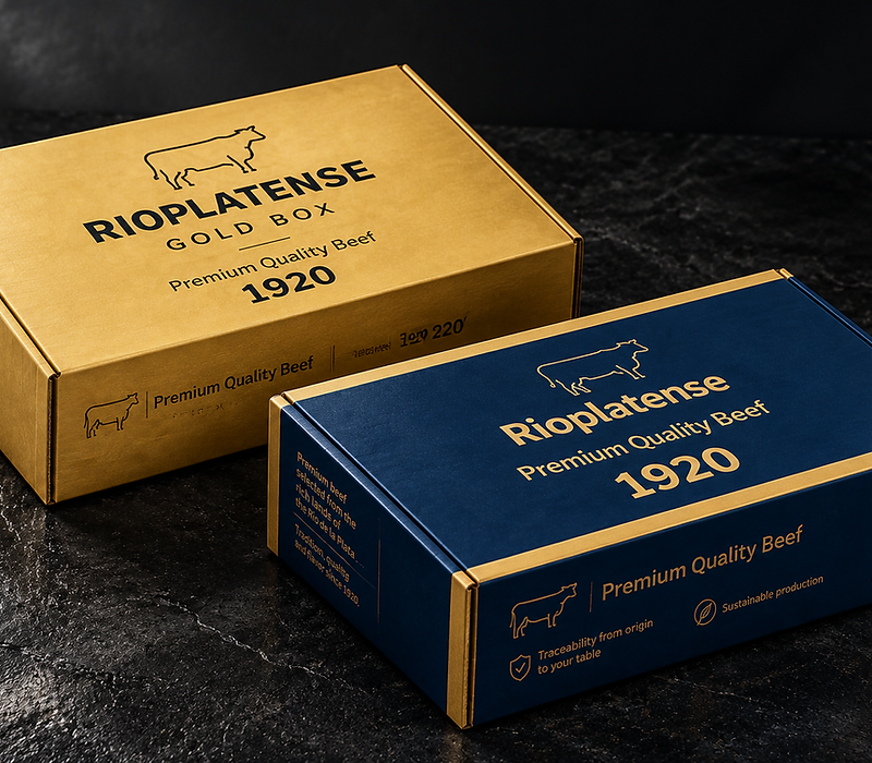 GFS RIOPLATENSE ANGUS PRIME BEEF frozen beef export carton from Argentina in dark cinematic lighting