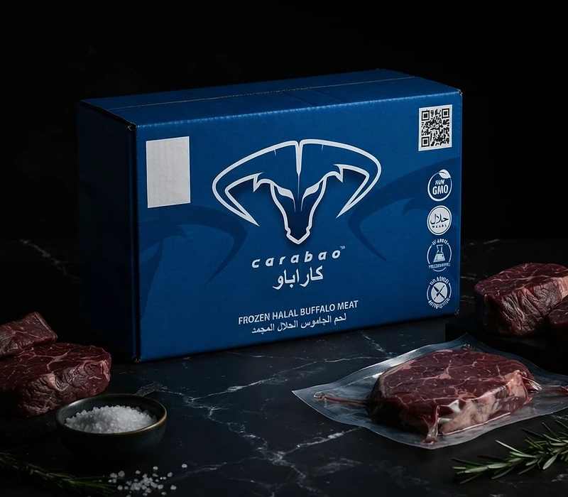 GFS CARABAO BUFFALO MEAT frozen buffalo export carton from India in dark cinematic lighting