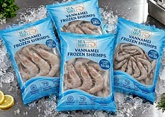 GFS Sea Shell vacuum packed frozen seafood inside an open export carton
