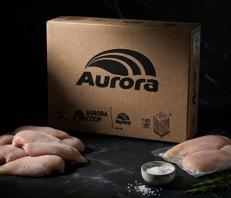 GFS AURORA CHICKEN frozen poultry export carton from Brazil in dark cinematic lighting