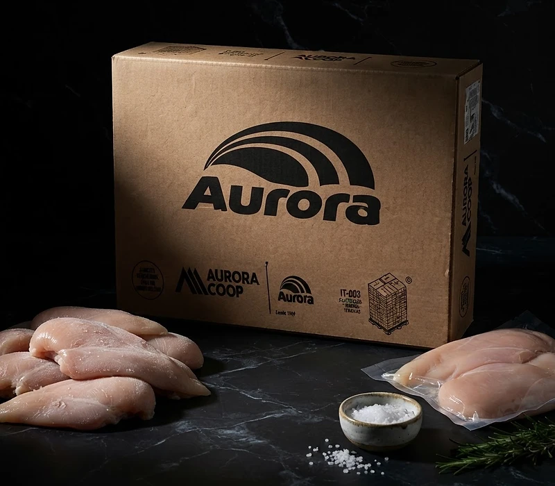 GFS AURORA CHICKEN frozen poultry export carton from Brazil in dark cinematic lighting