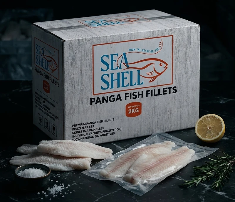 GFS SEA SHELL PANGASIUS FISH frozen seafood export carton from Vietnam in dark cinematic lighting