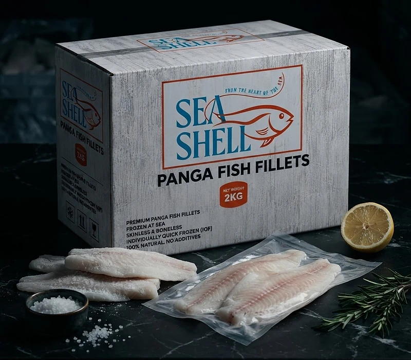GFS SEA SHELL PANGASIUS FISH frozen seafood export carton from Vietnam in dark cinematic lighting