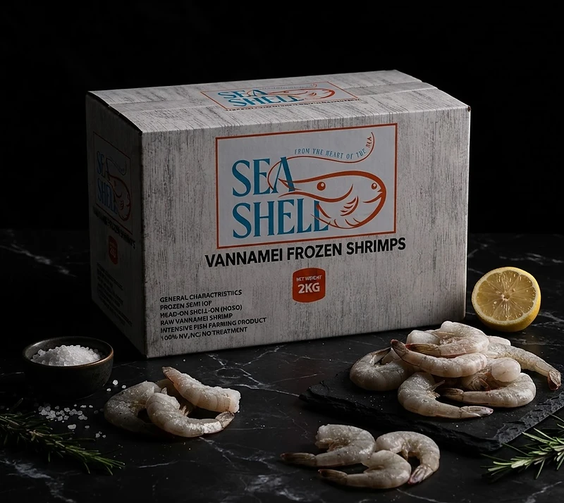 GFS SEA SHELL SHRIMPS frozen seafood export carton from Vietnam in dark cinematic lighting