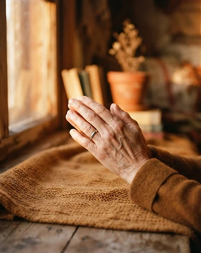 Hands clasped in prayer in warm light
