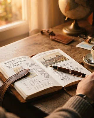 A travel advisor's desk at golden hour — an open itinerary, a fountain pen, espresso