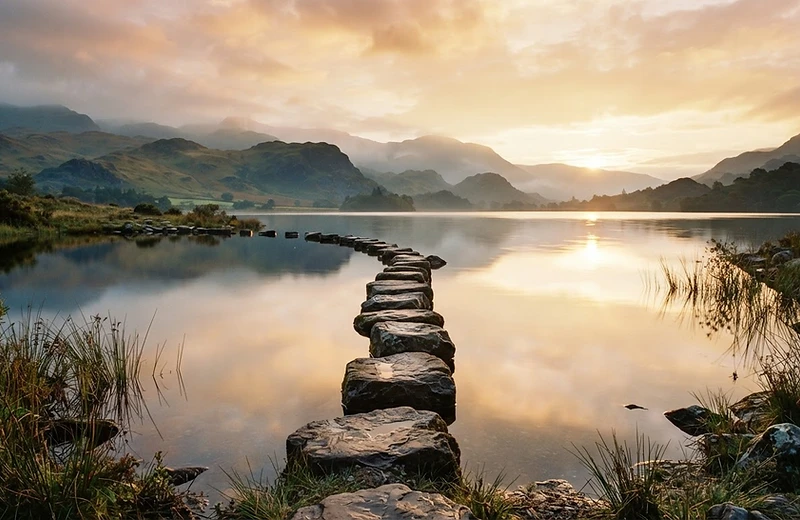A path of stepping stones across still water at golden hour