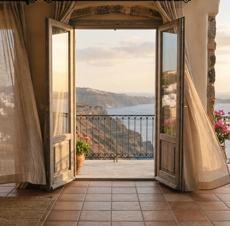 An open door onto a Mediterranean balcony at golden hour