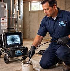 Professional plumber feeding a sewer inspection camera through a residential cleanout