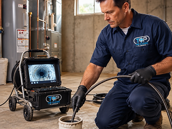Professional plumber feeding a sewer inspection camera through a residential cleanout