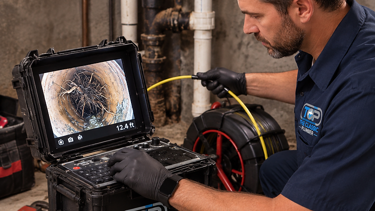 Sewer camera monitor showing tree roots inside a residential sewer pipe