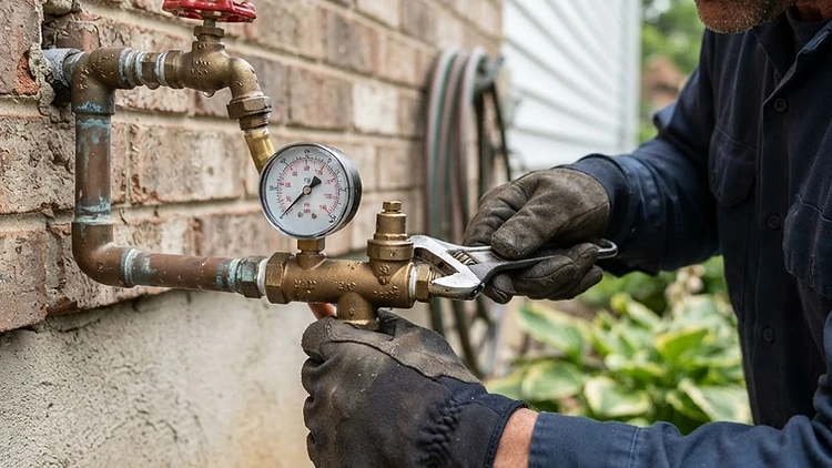 Pressure gauge reading on an outdoor hose bibb with pressure regulator adjustment