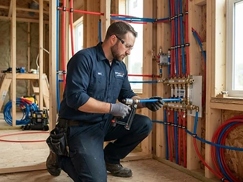 Plumber installing PEX piping during residential new construction rough-in