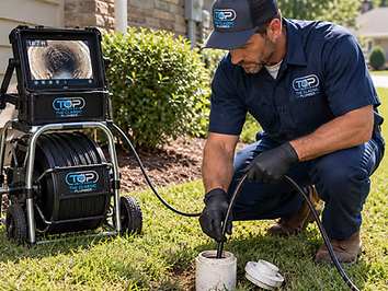 Plumber feeding a sewer inspection camera into a residential cleanout