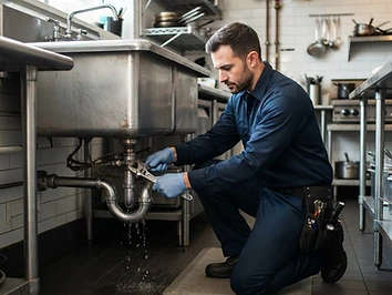 Professional plumber working on a commercial sink drain in a restaurant kitchen