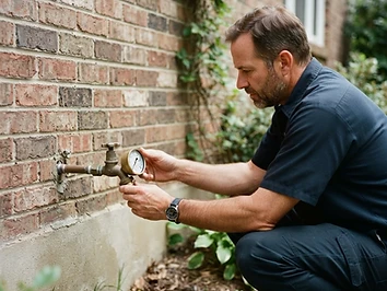 Plumber testing water pressure with a gauge on an outdoor hose bibb