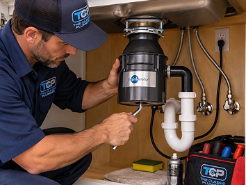 Professional plumber servicing a kitchen garbage disposal under the sink