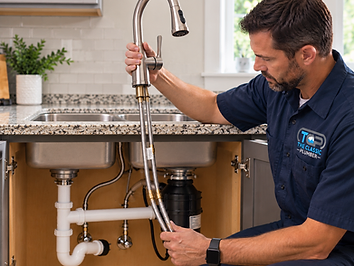 Professional plumber installing a new kitchen sink and faucet with supply lines
