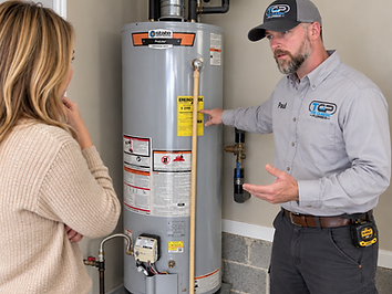 Classic Plumber technician discussing kitchen sink plumbing with a homeowner.