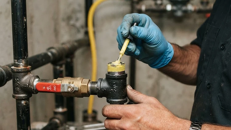 Applying pipe sealant to a black steel gas line fitting