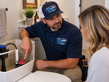 The Classic Plumber technician explaining a plumbing repair to a homeowner in Knoxville, Tennessee.