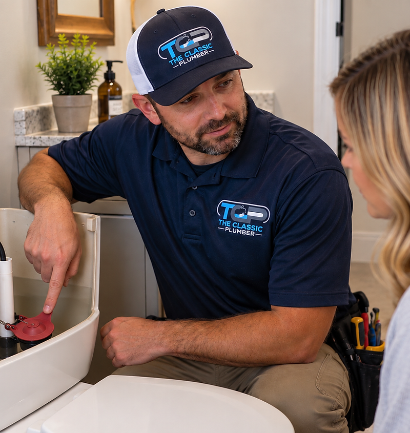 The Classic Plumber technician helping a Knoxville homeowner understand a plumbing repair