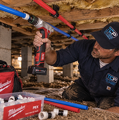 Professional plumber installing new PEX piping in a residential crawlspace
