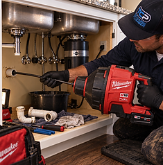 Professional plumber operating a drain cleaning machine on a residential drain line