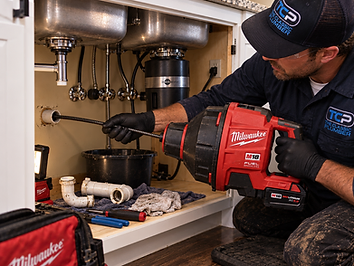 Professional plumber operating a drain cleaning machine on a residential drain line