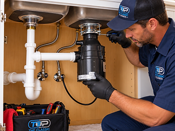 Plumber installing a garbage disposal under a kitchen sink