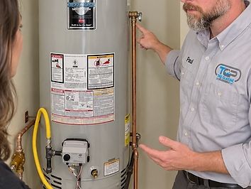 Professional plumber inspecting a residential gas water heater in a Knoxville garage