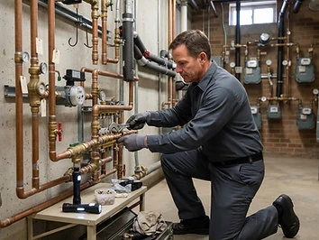 Professional plumber working on plumbing in a multifamily building utility room