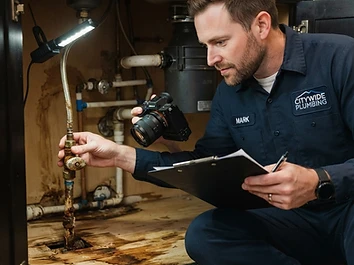 Plumbing technician documenting a failed supply line fitting under a kitchen sink