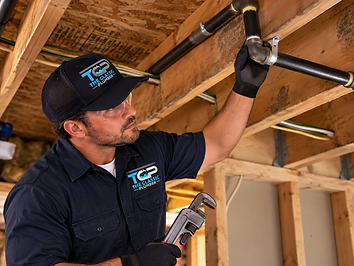 Professional plumber installing residential gas line piping with a shutoff valve
