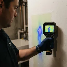 Professional plumber using a thermal imaging camera to scan for a hidden water leak