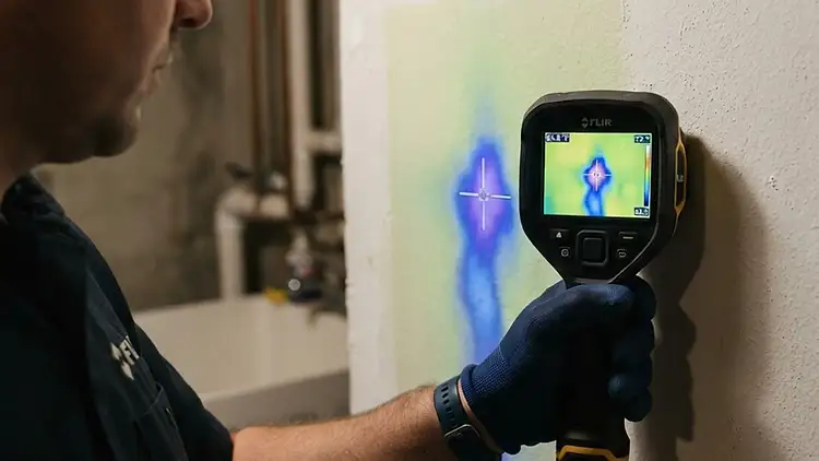 Thermal imaging camera screen showing a hidden leak behind a wall