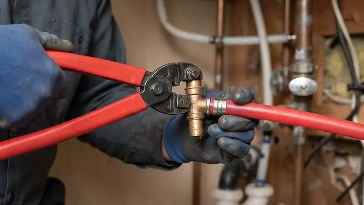 Connecting PEX piping with a crimp tool during a water line repair