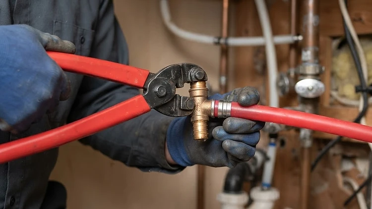 Connecting PEX piping with a crimp tool during a water line repair