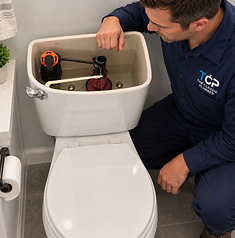 Professional plumber repairing a residential toilet in a clean bathroom