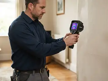 Plumber using a thermal imaging camera to scan a wall for a hidden leak