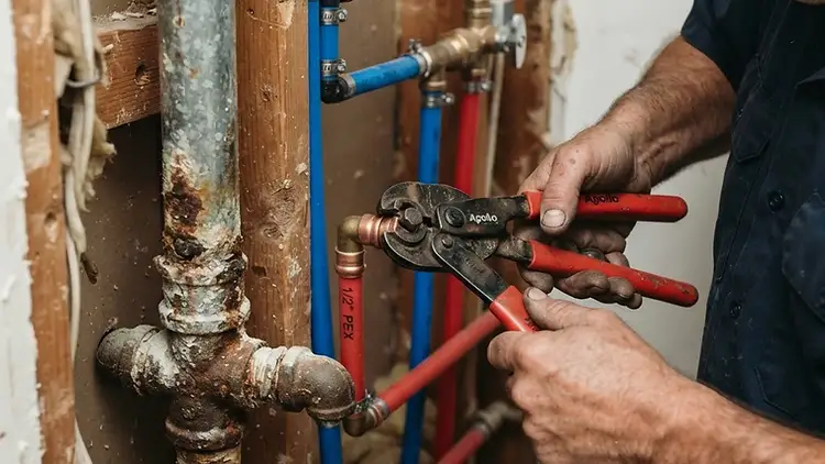 Crimping a PEX fitting during a whole-home repipe alongside old corroded galvanized pipe