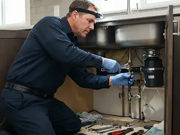 Professional plumber working in a rental apartment kitchen