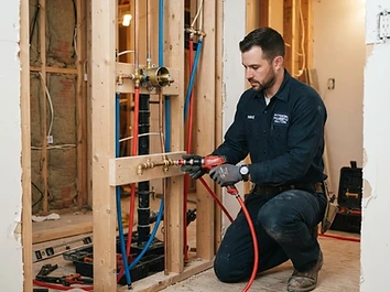Plumber installing PEX water lines during a bathroom remodel rough-in