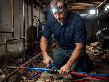 Professional plumber repairing a residential main water line with PEX piping